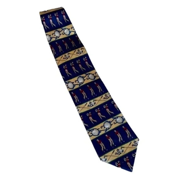 Claybrooke vintage silk tie 100% silk Hand made Golf theme Navy & gold - Picture 1 of 5